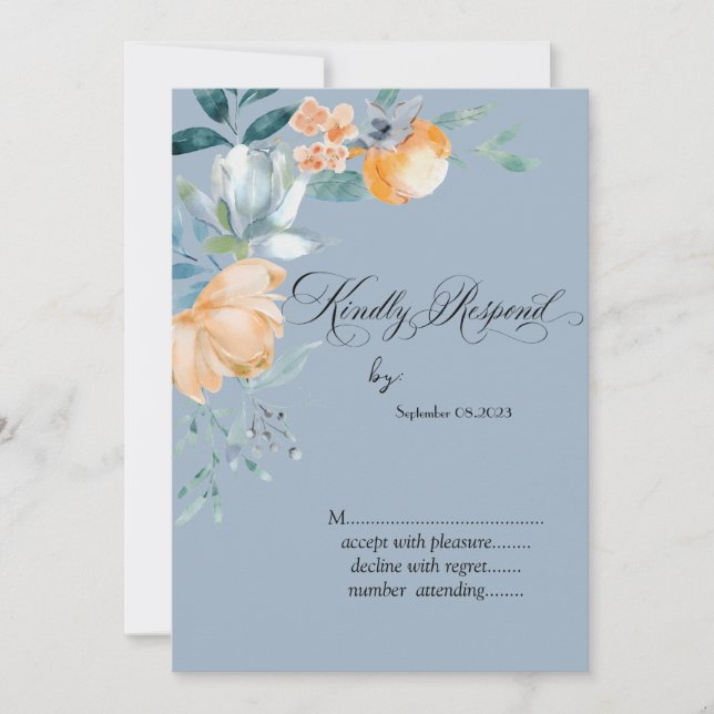 Invitation Fleurs à l'aquarelle Bleu Poussiéreux RSVP (Devant)