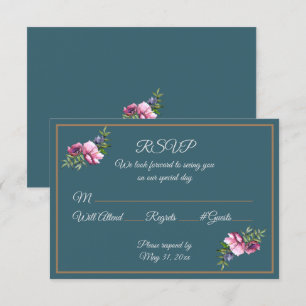 Invitation Fleurs à l'aquarelle bleue-vert et rose