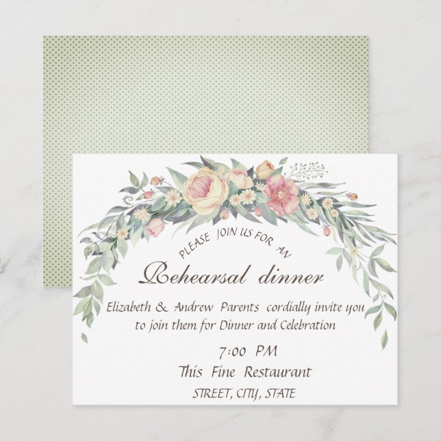Invitation Fleurs à l'aquarelle, dîner de répétition à pois v (Devant / Derrière)