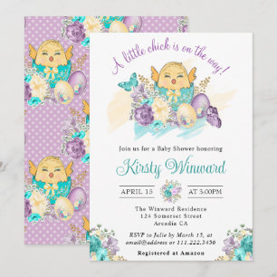 Invitation Fleurs à l'aquarelle et bébé poussin mignon pour u
