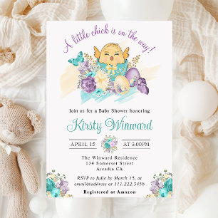 Invitation Fleurs à l'aquarelle et bébé poussin mignon pour u