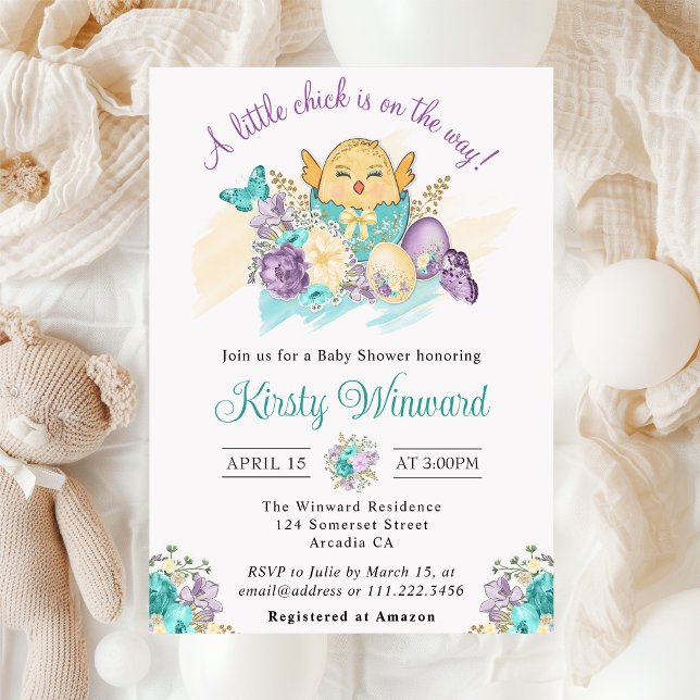 Invitation Fleurs à l'aquarelle et bébé poussin mignon pour u (Créateur téléchargé)