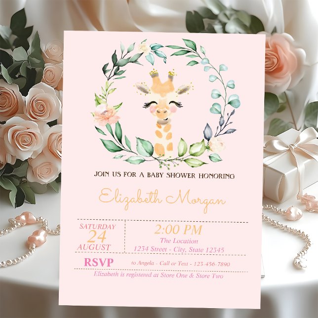 Invitation Fleurs à l'aquarelle Fête de bébé girafeau  (Créateur téléchargé)