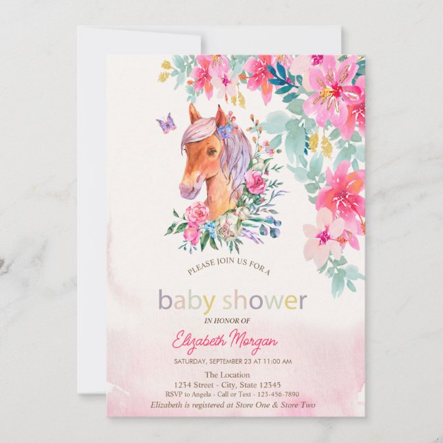 Invitation Fleurs à l'aquarelle Fête de naissance Poney Cheva (Devant)
