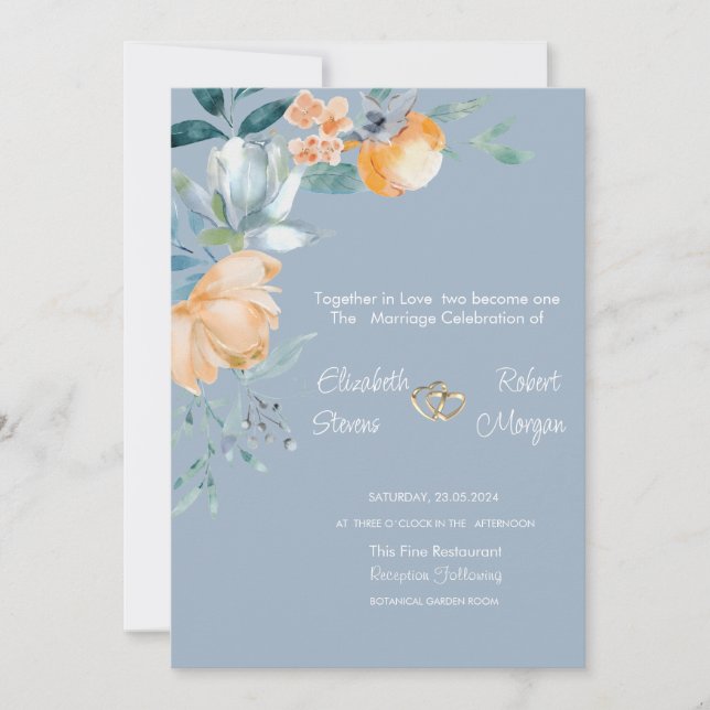 Invitation Fleurs à l'aquarelle Mariage Bleu Poussiéreux (Devant)