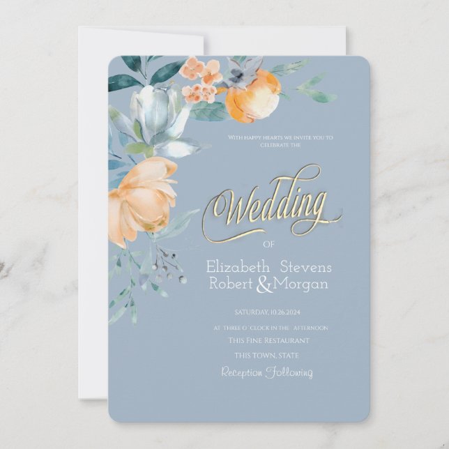 Invitation Fleurs à l'aquarelle Mariage Bleu Poussiéreux (Devant)