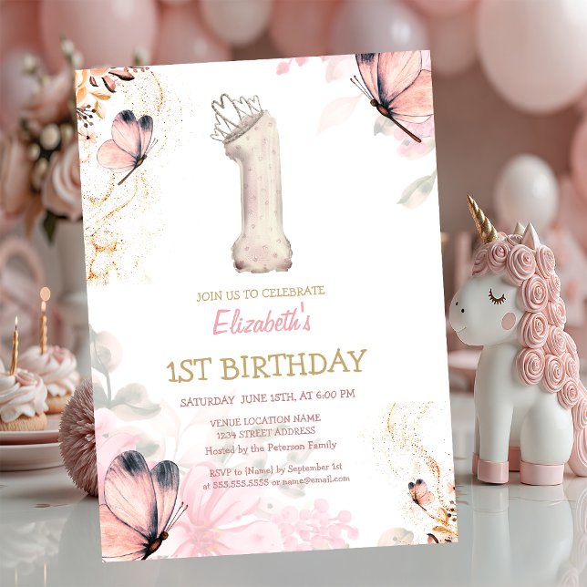 Invitation Fleurs à l'aquarelle Papillon Rayé 1er Anniversair (Créateur téléchargé)