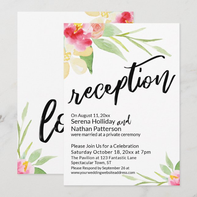 Invitation Fleurs à l'aquarelle & Réception d'écriture manusc (Devant / Derrière)