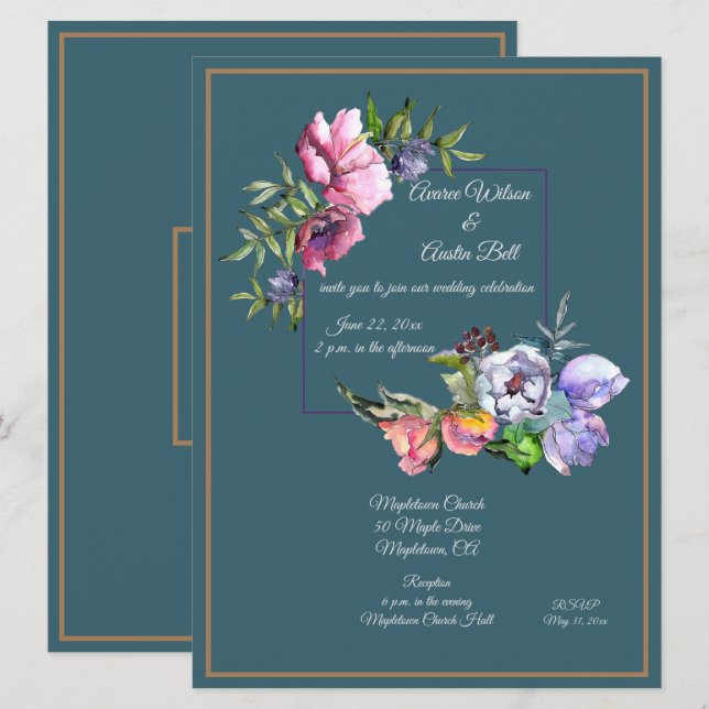 Invitation Fleurs à l'aquarelle sarcelle et rose (Devant / Derrière)