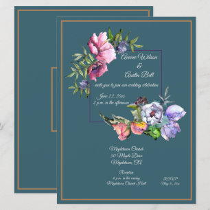 Invitation Fleurs à l'aquarelle sarcelle et rose