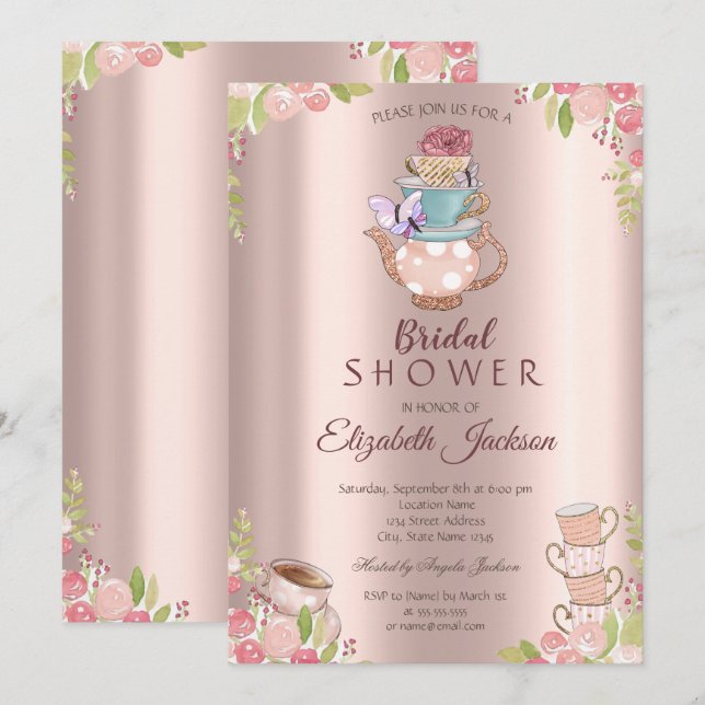 Invitation Fleurs à l'aquarelle Théière Rose Gold Shower de m (Devant / Derrière)