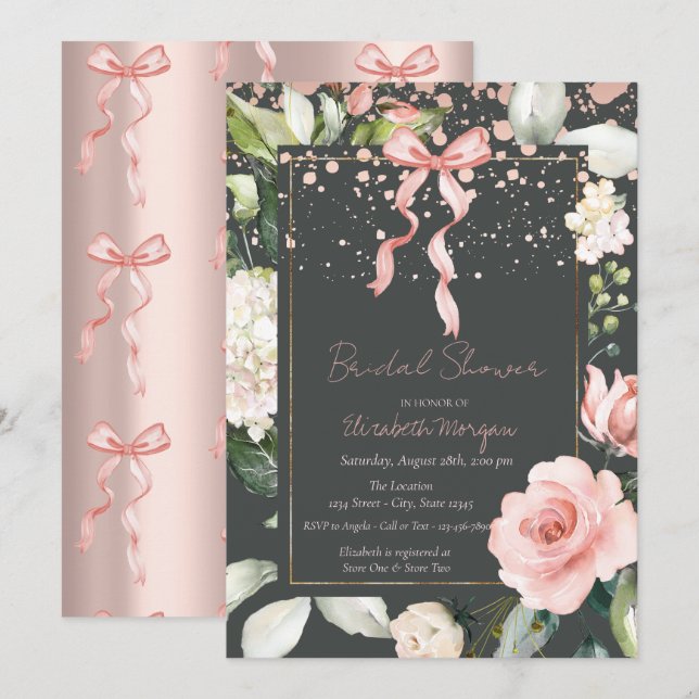Invitation Fleurs à points de ruban rose Or rose Baby Shower (Devant / Derrière)