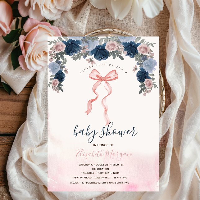 Invitation Fleurs à rayures à arc rose Baby Shower  (Créateur téléchargé)