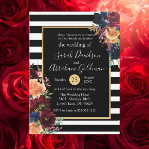Invitation Fleurs à rayures noires et blanches Mariage Rouge