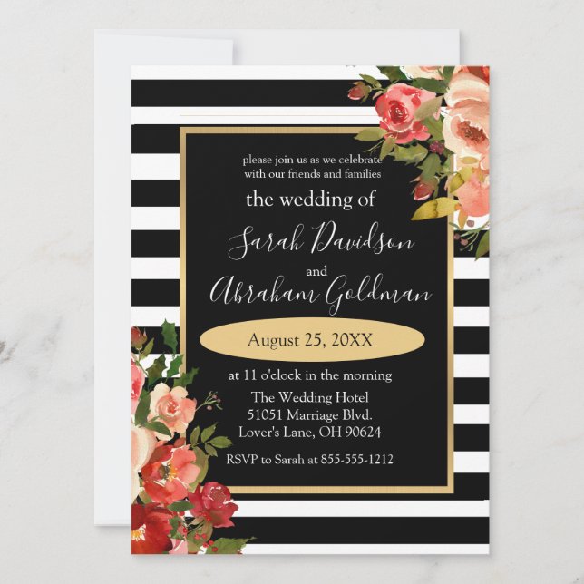 Invitation Fleurs à rayures noires et blanches Roses Mariage  (Devant)