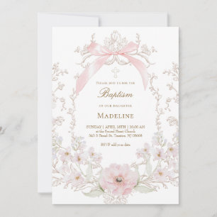 Invitation fleurs à ruban rose cadre Baptême