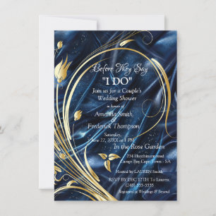 Invitation Fleurs abstraites dorées sur soie bleue Simmery