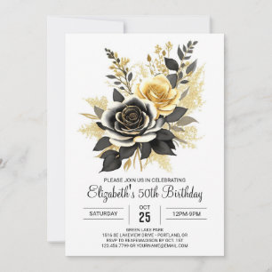 Invitation Fleurs adultes Or et Noir 50e anniversaire
