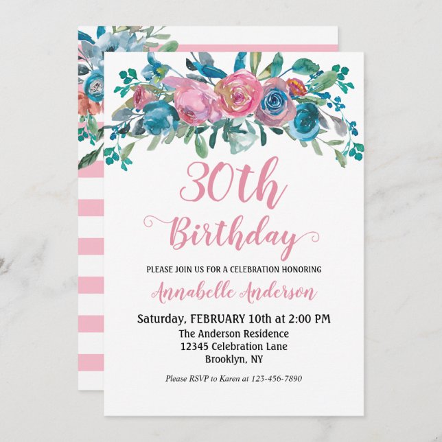 Invitation Fleurs Anniversaire Bleu Rose Aquarelle Rustique M (Devant / Derrière)