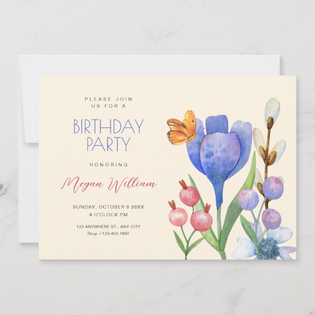 Invitation Fleurs aquarelle anniversaire (Devant)