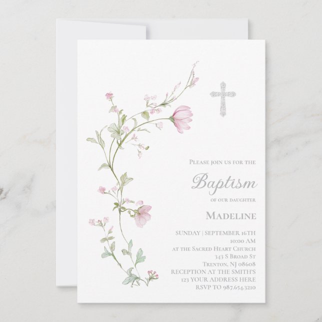 Invitation fleurs aquarelle Baptême  (Devant)