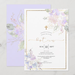 Invitation Fleurs aquarelle Baptême Lilas Poussiéreux Pois de