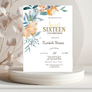 Invitation Fleurs aquarelle Bleu Poussiéreux Sweet 16 