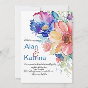 Invitation Fleurs Aquarelle Bleu Rose Pêche Mariage Audacieux