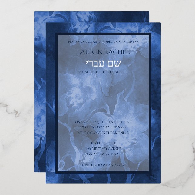 Invitation Fleurs Aquarelle Bleue Bat Mitzvah (Recto/Verso)