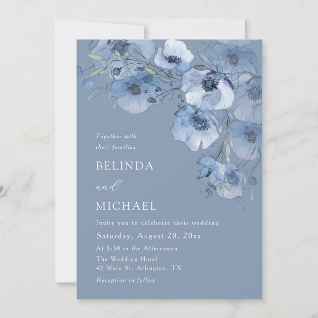 Invitation Fleurs aquarelle bleue Blanc (Devant)