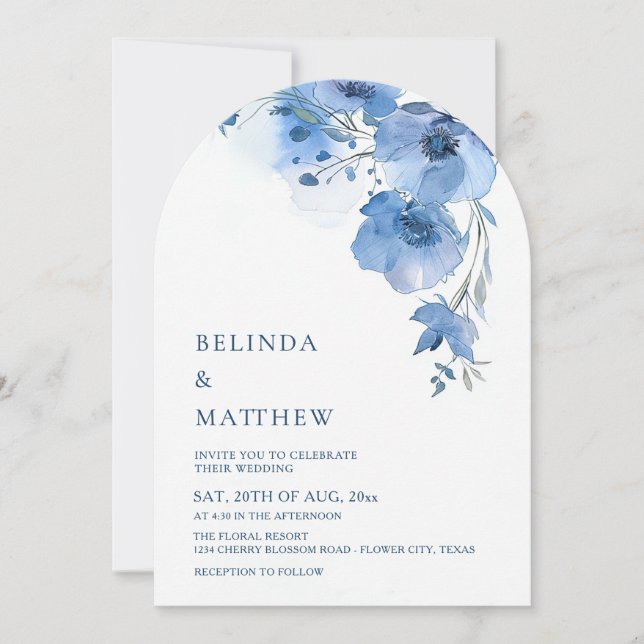 Invitation Fleurs aquarelle bleues Arche blanche (Devant)