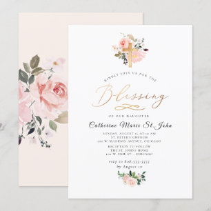 Invitation Fleurs Aquarelle Blush Faux Dorure Bénédiction