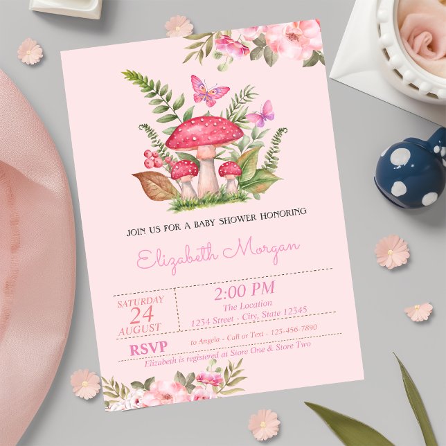 Invitation Fleurs Aquarelle Champignon Papillon Baby Shower  (Créateur téléchargé)
