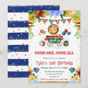 Invitation Fleurs Aquarelle Cirque Lion Enfants Anniversaire