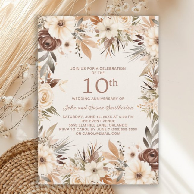 Invitation Fleurs Aquarelle Crème Marron 10ème Anniversaire (Rustic cream and brown boho-style watercolor floral 10th wedding anniversary invitation)