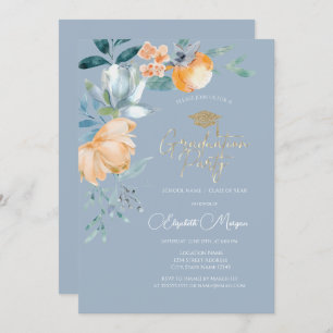 Invitation Fleurs aquarelle Dusty Blue Graduation Party
