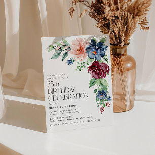 Invitation Fleurs Aquarelle Élégantes 75e Anniversaire Surpri