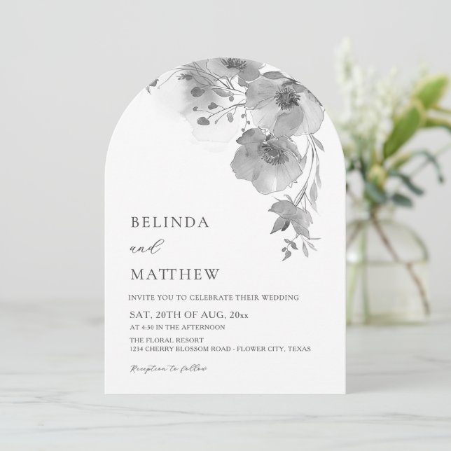 Invitation Fleurs Aquarelle Grises Mariage Blanc Arqué (Debout devant)