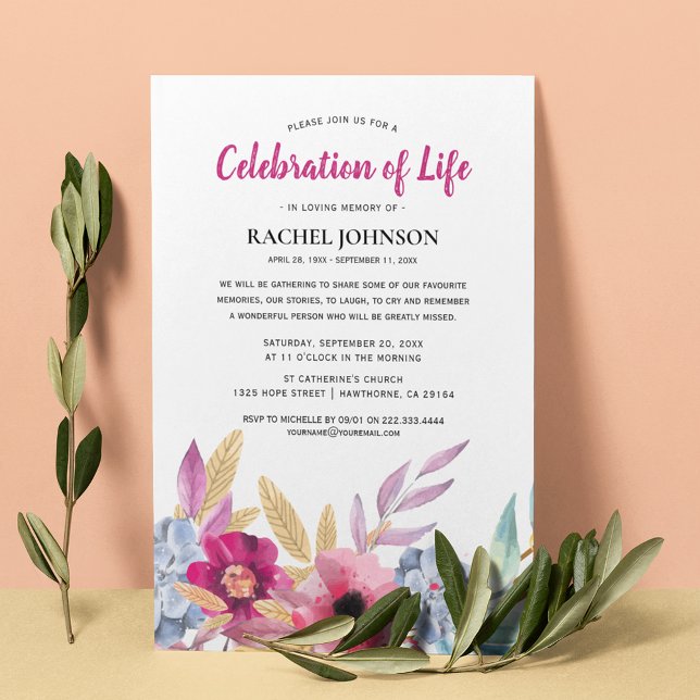 Invitation Fleurs Aquarelle Mémorial | Célébration de la Vie (Créateur téléchargé)