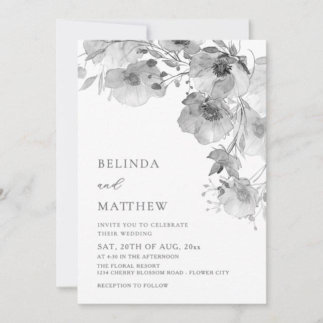 Invitation Fleurs aquarelle noir et blanc Mariage décontracté (Devant)