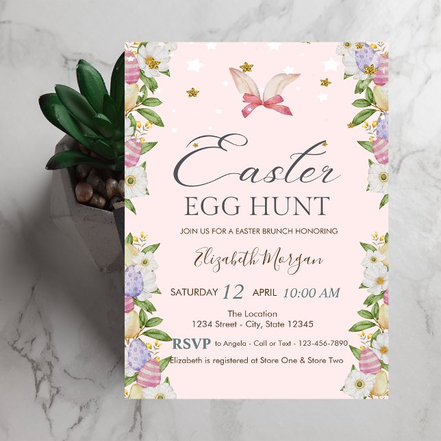 Invitation Fleurs aquarelle Oeufs Lapin Oreilles  (Créateur téléchargé)