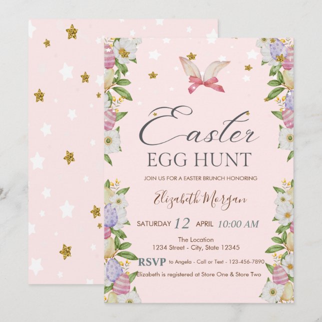 Invitation Fleurs aquarelle Oeufs Lapin Oreilles  (Devant / Derrière)