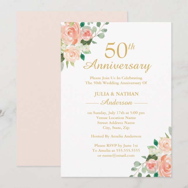Invitation Fleurs aquarelle pêche 50e anniversaire de mariage (Devant / Derrière)