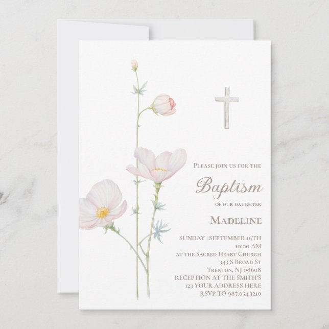 Invitation fleurs aquarelle petite fille Baptême  (Devant)