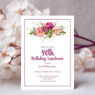 Invitation Fleurs aquarelle rose 90e anniversaire