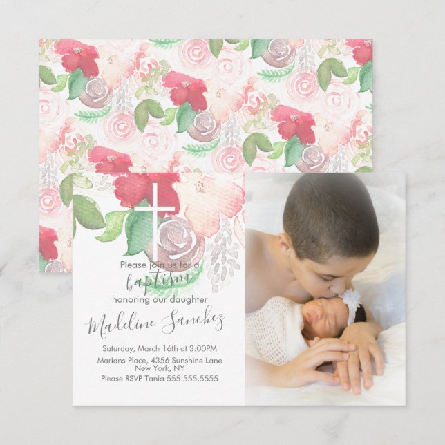 Invitation Fleurs aquarelle rose baptême bébé dédicace   (Devant / Derrière)
