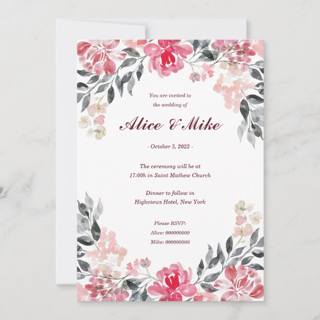 Invitation Fleurs Aquarelle Rose et Grise Botaniqu (Devant)
