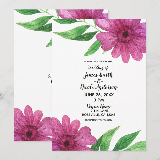 Invitation Fleurs Aquarelle Rose Mariage Floral de Printemps (Devant / Derrière)