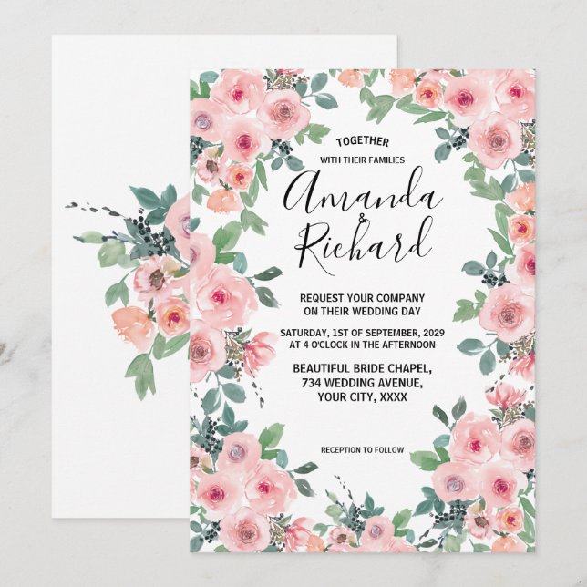 Invitation Fleurs Aquarelle Rose Pâle Mariage Beau (Devant / Derrière)