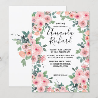Invitation Fleurs Aquarelle Rose Pâle Mariage Beau
